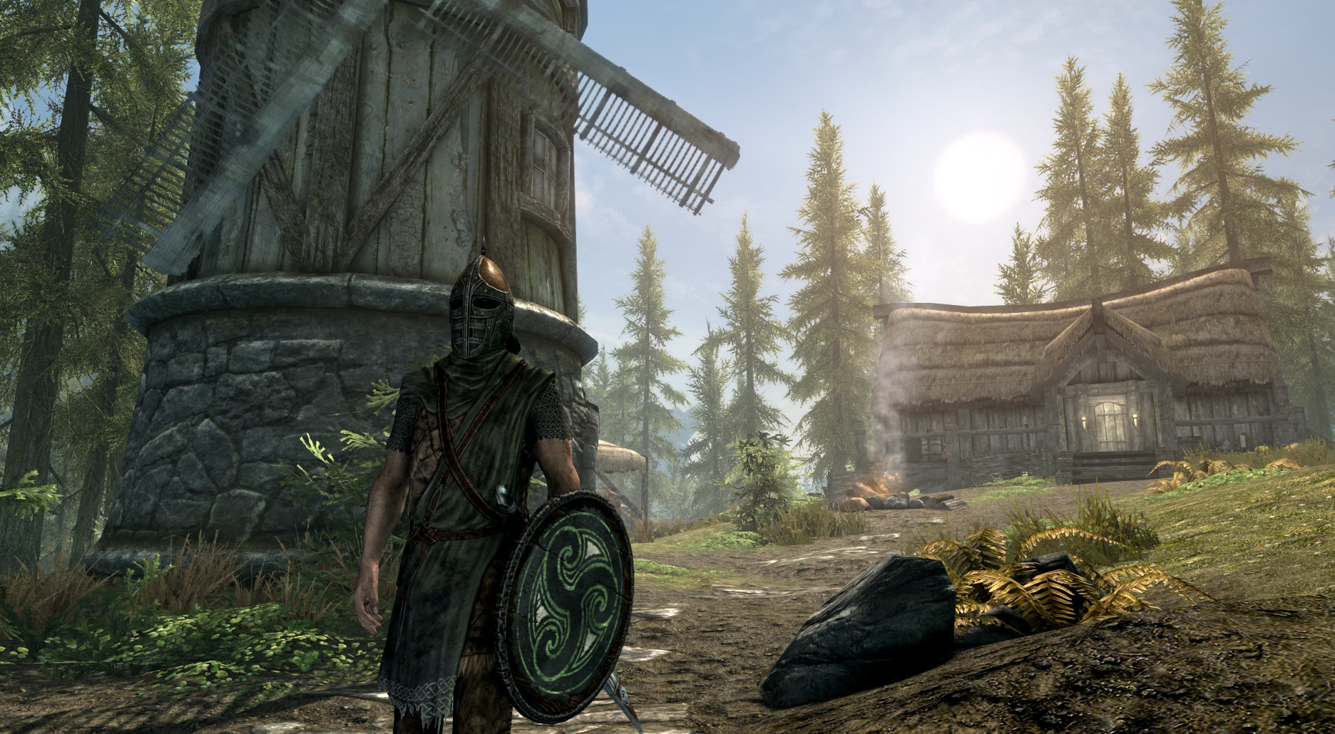 A restored Skyrim mill with a guard standing outside