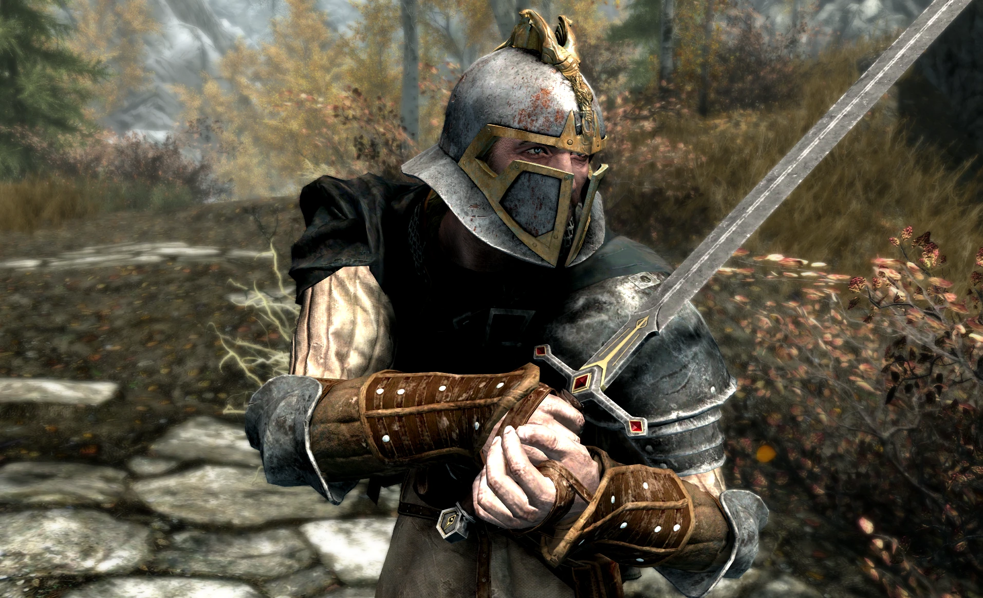 The Watcher's helm and blade being wielded in Skyrim